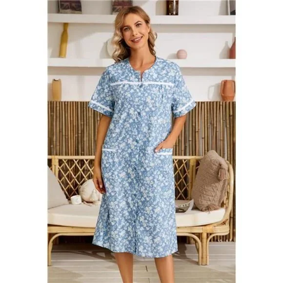 House Dress Womens Embroidered Housecoat Short Sleeve Duster Robe